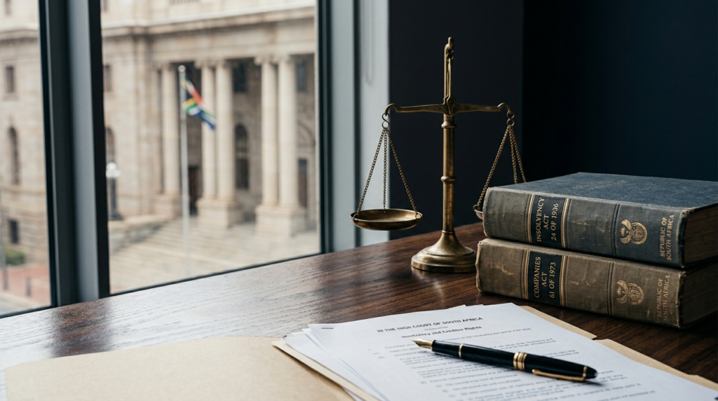 a-desk-with-Provisional-liquidator-appointment-in-South-Africa-paperwork-and-law-books