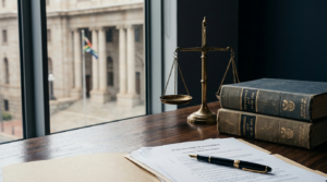 a-desk-with-Provisional-liquidator-appointment-in-South-Africa-paperwork-and-law-books
